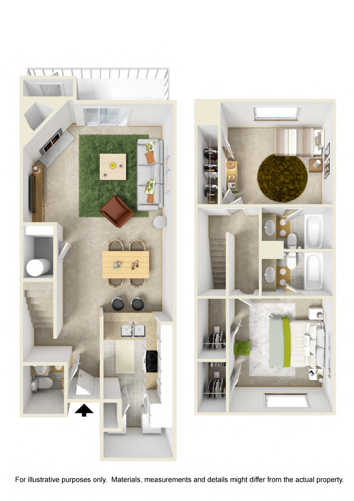 Floor plan for 2 beds, 2.5 baths, 1300 sqft